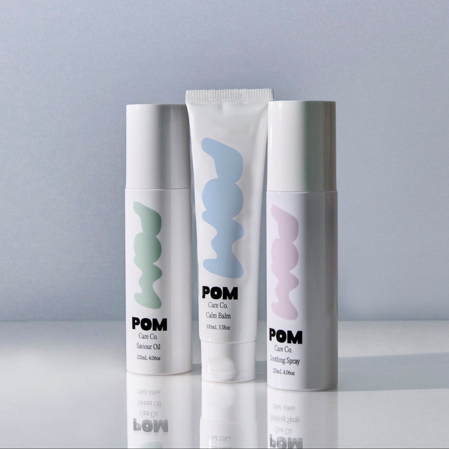 POM Saviour Oil, Calm Balm and Soothing Spray on a white background.