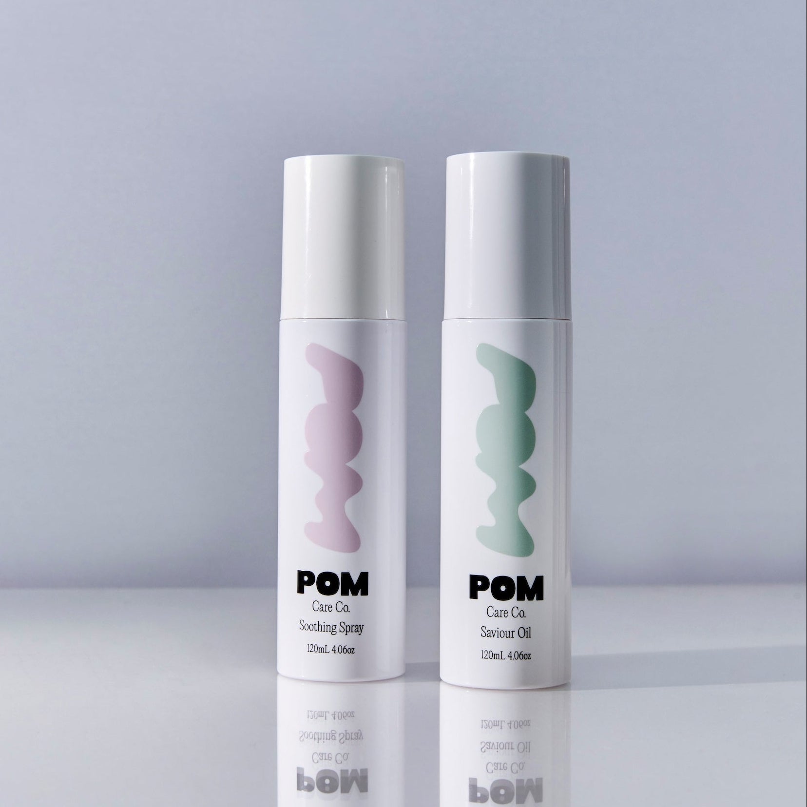 POM Saviour Oil and Soothing Spray bottles displayed together on a white background.