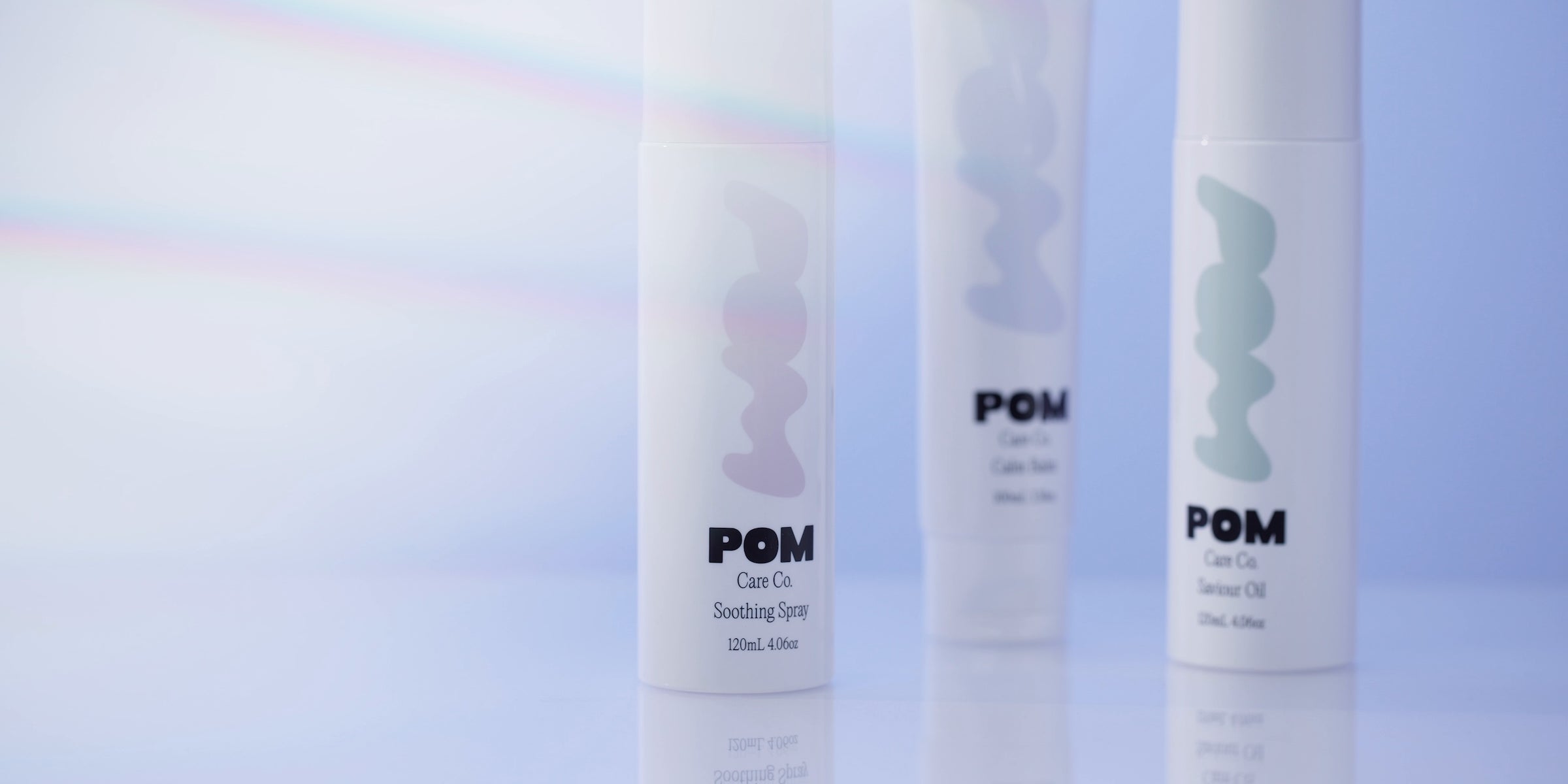 POM Soothing Spray, Calm Balm and Saviour Oil in dreamy setting